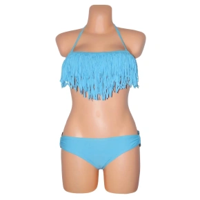 Dámské plavky dvoudílné bikiny D-RING zdobené třásněmi na podprsence a kovovými doplňky modré - Modrá - OEM