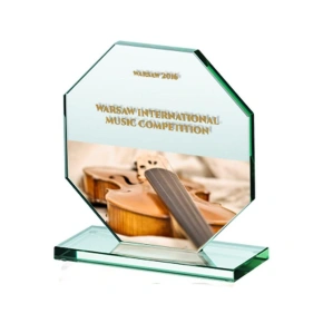 Skleněná trofej LuxorJet s barevným potiskem, gravírovaná a naplněná inkoustem