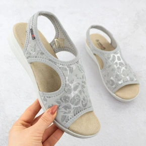 Dámské zvýšené elastické květinové sandály šedé barvy Unisoft 7196 Dámské zvýšené elastické květinové sandály šedé barvy Unisoft 7196