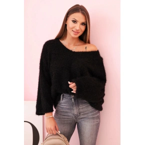 Dámský svetr z mohairu volného střihu s výstřihem do V IT-92 / 34360 Černá lesk - K-Fashion
