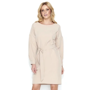 Dámské elegantní šaty s páskem středně dlouhé béžové - Béžová - Makadamia