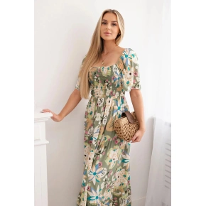 Viskózové šaty s volánkovým výstřihem 29477 khaki - Kesi