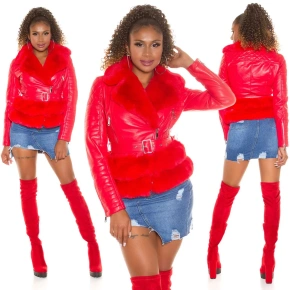 Dámská sexy kožená bunda s umělou kožešinou J930 Červená - In-Stylefashion