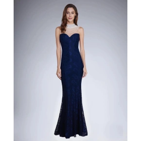 Dámské společenské šaty SOKY SOKA s krajkou a perličkami dlouhé tmavě modré - Tmavě modrá / XL - SOKY&SOKA