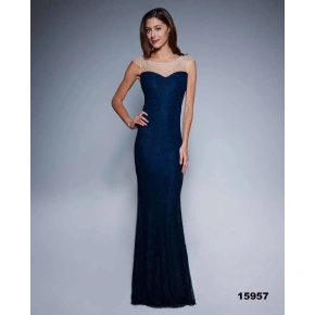 Dámské společenské šaty SOKY SOKA s perličkami a krajkou dlouhé tmavě modré - Tmavě modrá / XL - SOKY&SOKA