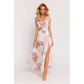 Dámské šifonové šaty M781 model 2  Ecru s květy - MOE