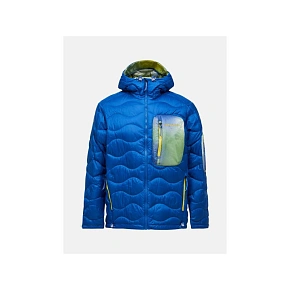 Pánská péřová bunda PEAK PERFORMANCE M Helium Aop Utility Down Hood, modrá barva